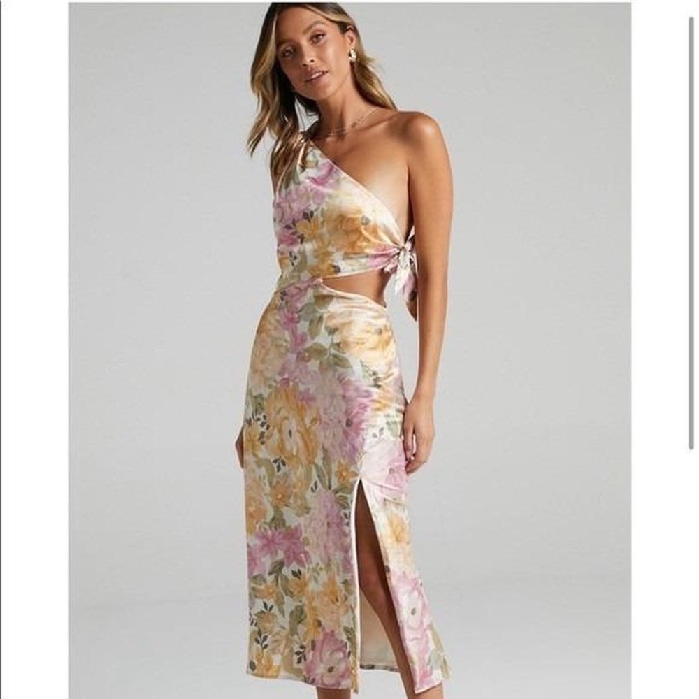 Showpo One-Shoulder Floral Cutout Midi Dress in Pink & Yellow